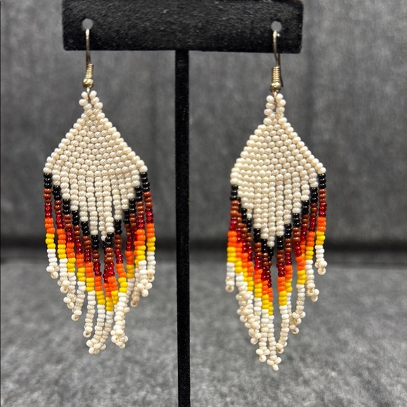 Red and Orange Beaded Chevron Earrings - Picture 2 of 3